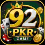 92PKR Game APK icon featuring a casino-style design with gold PKR text, playing cards, dice, poker chips, and coins.