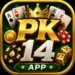 PK14 App game icon featuring gold PK14 lettering, playing cards, poker chips, dice, and a green casino-style background.